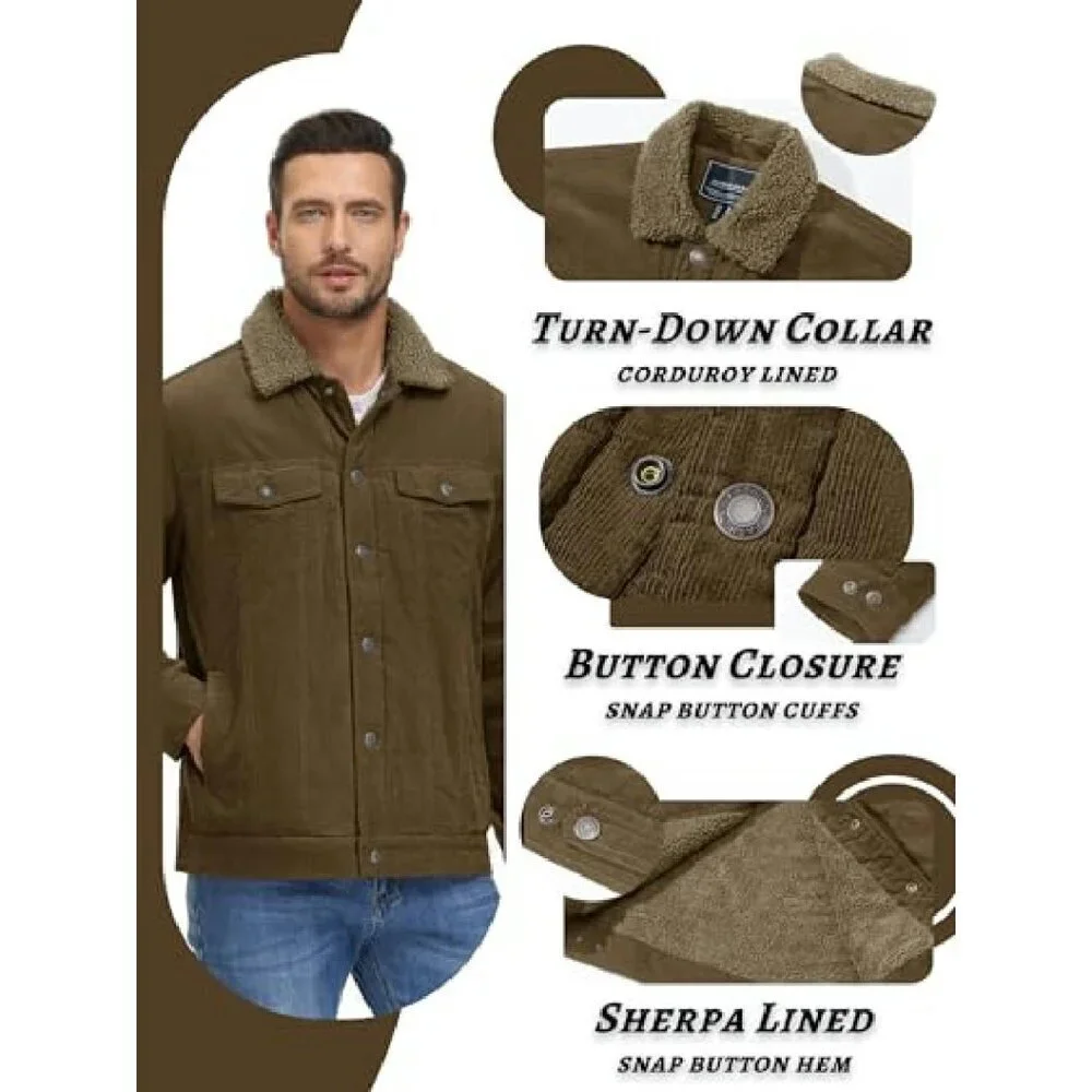 Men's Corduroy Sherpa Lined Trucker Jacket, Warm Winter Coat, Casual Work
